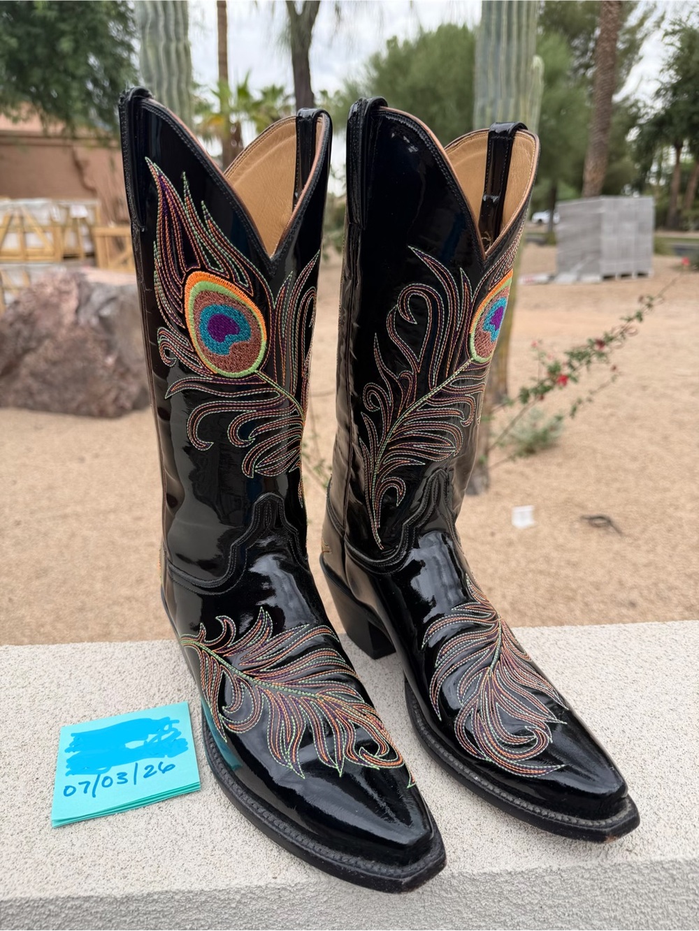 Lucchese Classics Patent Peacock Leather Black Embroidered Heeled Boots RARE